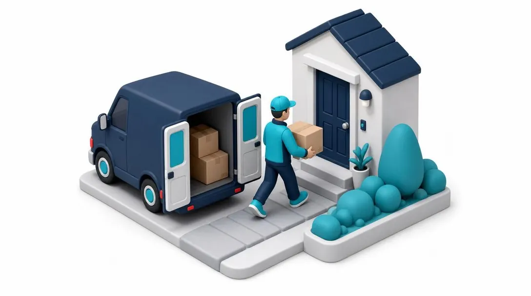 Courier puerta a puerta: repartidor entregando una caja en una casa