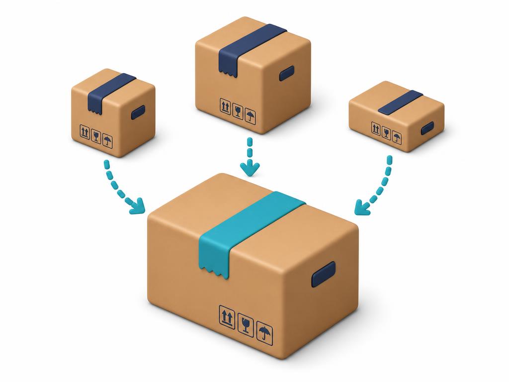 Varias cajas pequeñas consolidándose en una caja grande — consolidación eficiente de carga