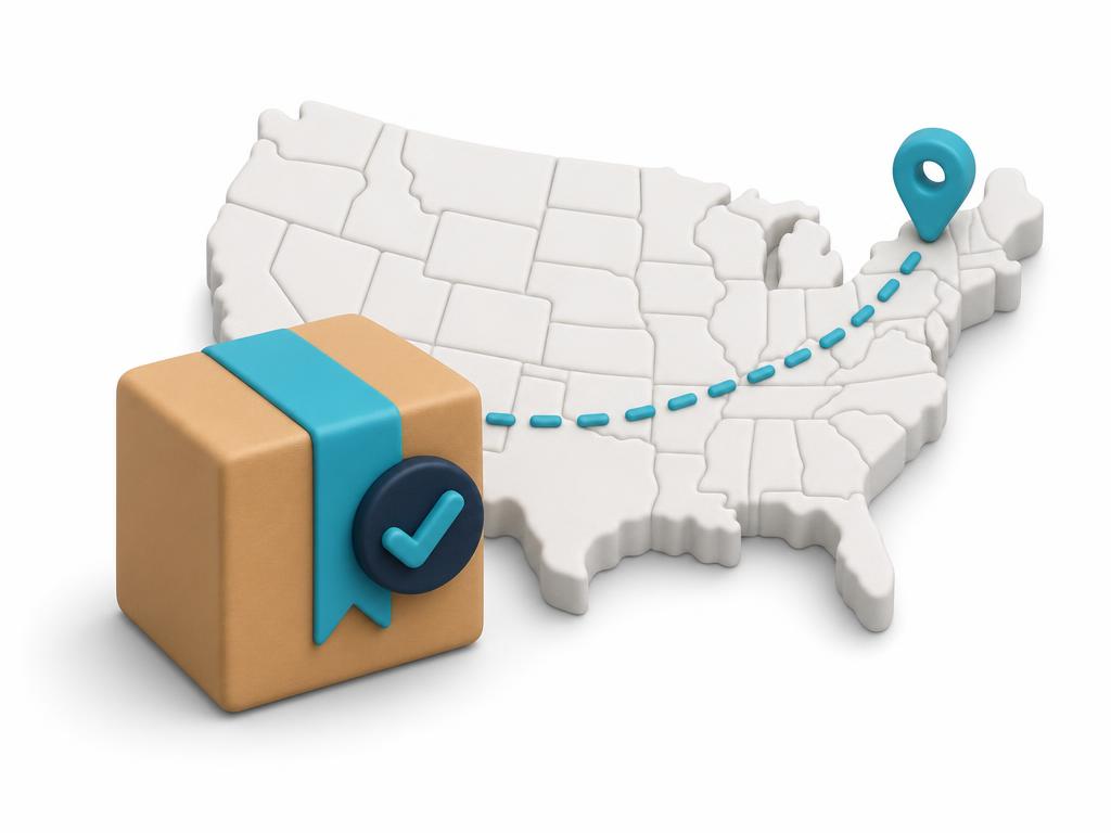Caja de envío con ruta punteada sobre un mapa de Estados Unidos, envío nacional incluido