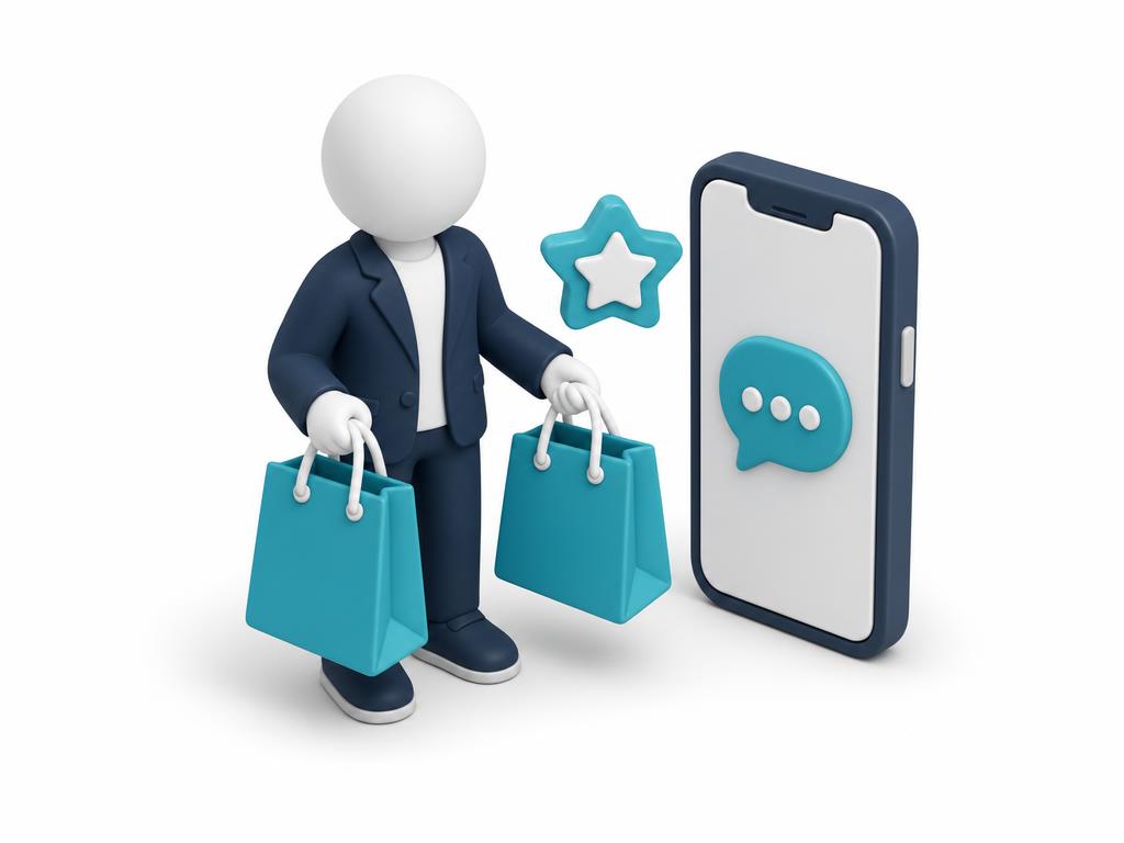 Personal shopper con bolsas de compras y celular con chat — atención para revendedores