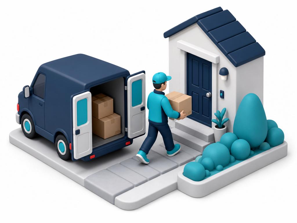Courier puerta a puerta: repartidor entregando una caja en una casa