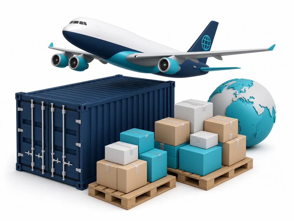 Freight forwarding: contenedor, avión de carga y pallets con cajas